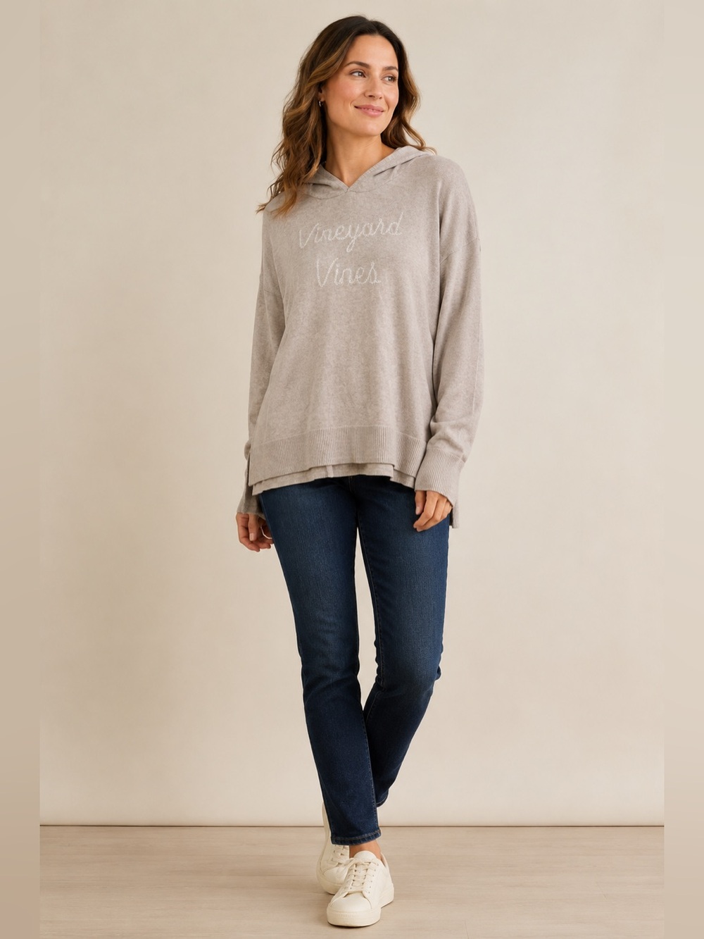 Vineyard Vines Womenβs L Beige Logo Hooded Sweater Cotton Blend Hi Low Hem